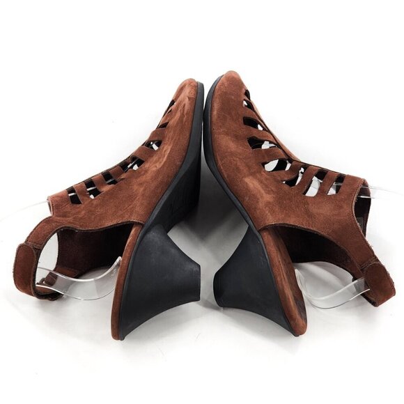 ARCHE Enexor Caged Brown Nubuck Peep Toe Wedge Heel Slingback Sandals - Picture 5 of 9